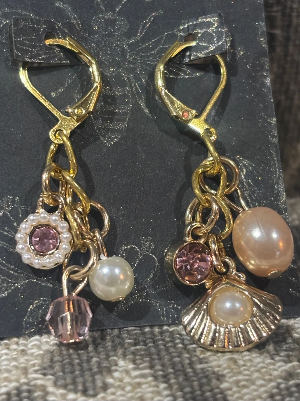 KB coastal dangle earring beachy resort gold tone pink gemstone pearl accent